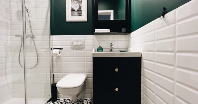 Compact bathroom with dark green walls, white subway tiles, black vanity and patterned floor tiles.