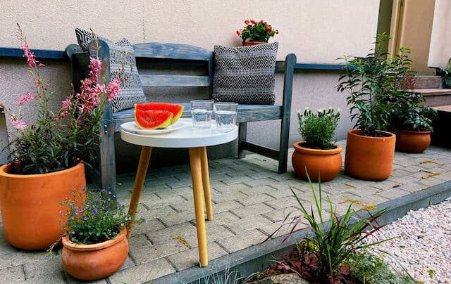 Wooden bench on patio surrounded by potted plants, small table with watermelon slice and glasses